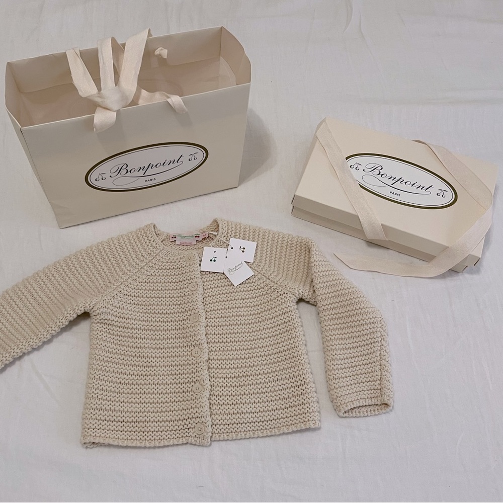 NWT, box, shopping bag, BONPOINT girls 3T beige cardigan sweater pristine gift